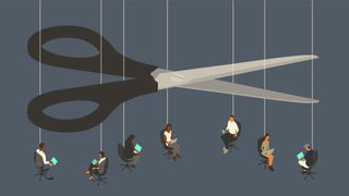 An illustration of a giant pair of scissors hanging over employees sat in office chairs, poised to snip strings attached to each chair to represent quiet firing.