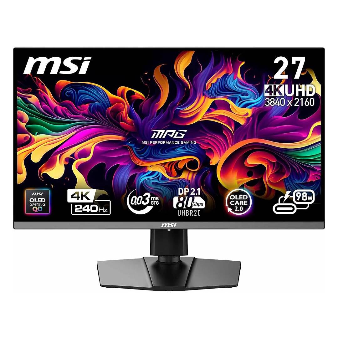MSI MPG 272URX QD-OLED on white background
