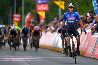 MONTSAINTGUIBERT BELGIUM JULY 24 Timo Kielich of Belgium and Team AlpecinDeceuninck celebrates at finish line as stage winner during the 44th EthiasTour de Wallonie 2023 Stage 3 a 1868km stage from Thuin to MontSaintGuibert 140m on July 24 2023 in MontSaintGuibert Belgium Photo by Luc ClaessenGetty Images