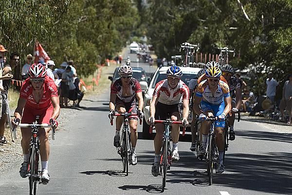 The leading group of seven riders make their way up Mt.Buninyong in the concluding laps of the race.