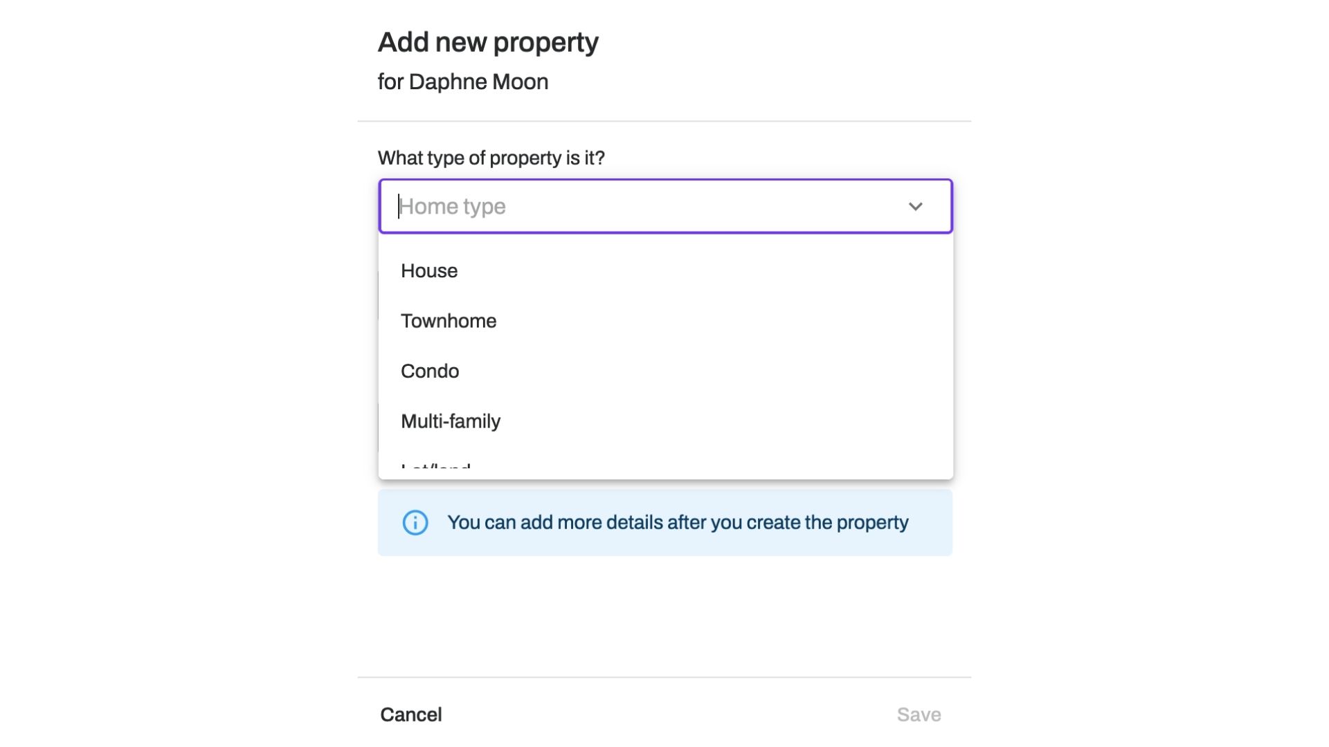 Screenshot of adding a property in RealOffice360 CRM