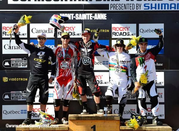 Elite men's downhill World Cup podium in Mont-Sainte-Anne: Gee Atherton (GT), Greg Minnaar (Santa Cruz Syndicate), Aaron Gwin (Trek World Racing), Danny Hart (Giant), Sam Hill (Monster Energy)
