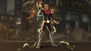 Powerplex standing on a street with his electricity powers activated in Invincible season 3