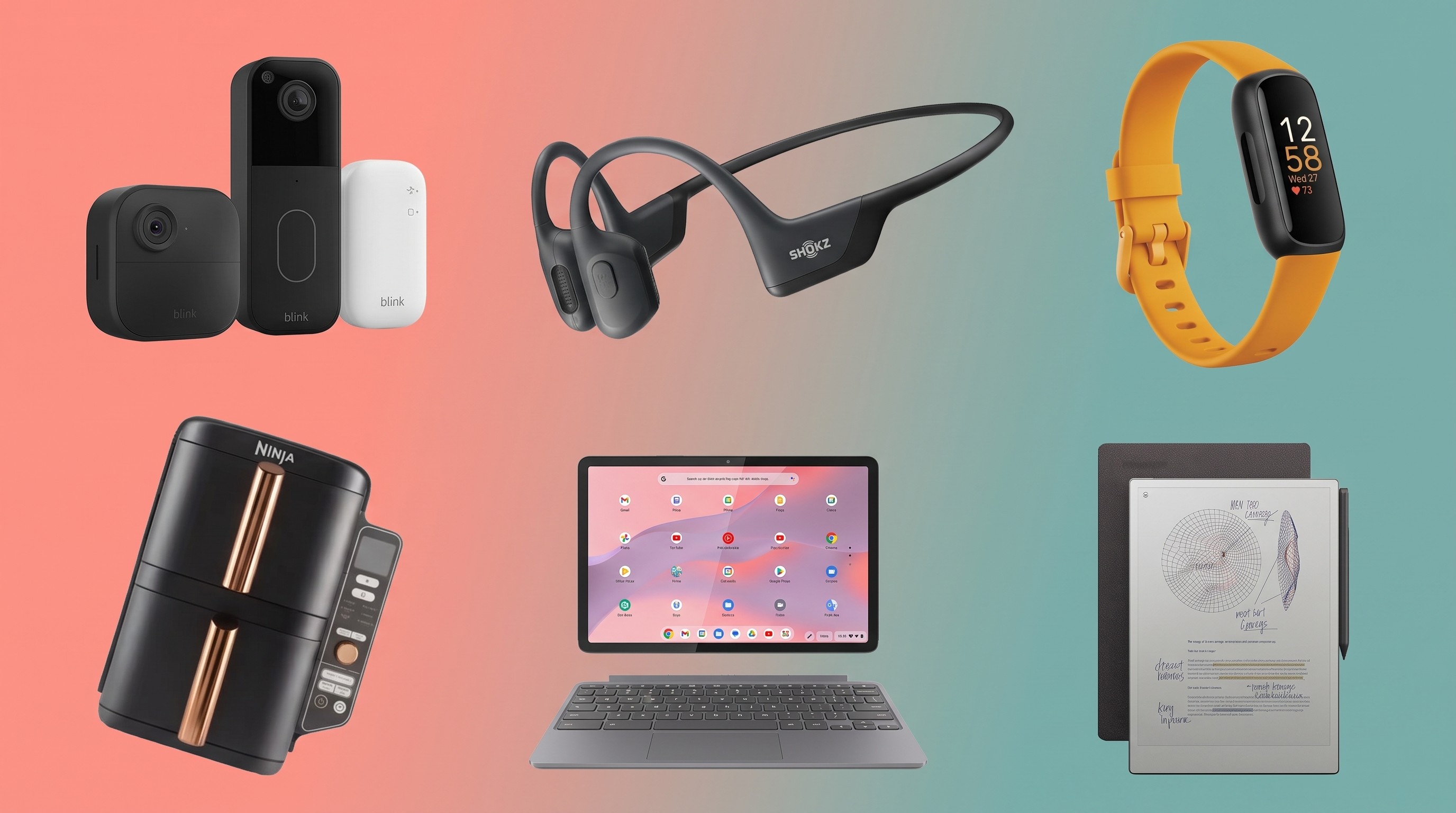 A collage featuring six tech products on sale now at Amazon UK, including a Blink doorbell and camera, Shokz headphones, Fitbit Inspire 3, Ninja air fryer, Lenovo laptop and Remarkable tablet.