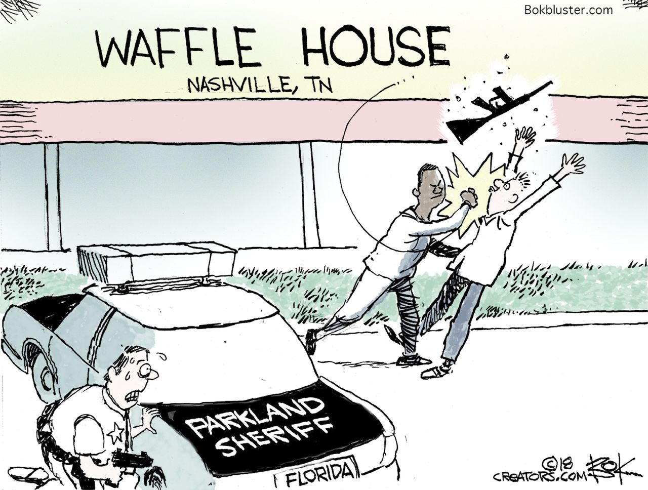 Political cartoon U.S. Waffle House shooting gun violence James Shaw Parkland sheriff