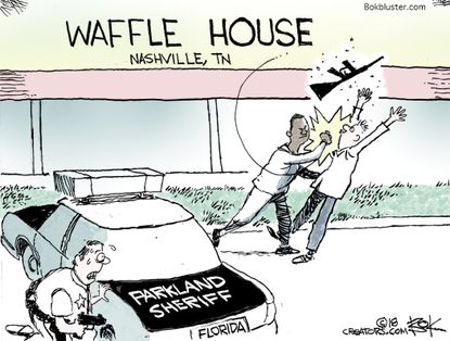 Political cartoon U.S. Waffle House shooting gun violence James Shaw Parkland sheriff