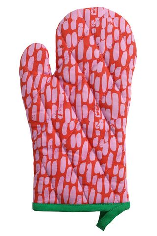 pink and red patterned oven mitt