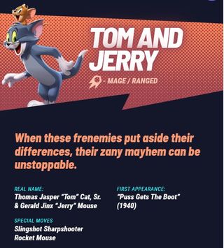 The information card from about Tom and Jerry on the MultiVersus website.