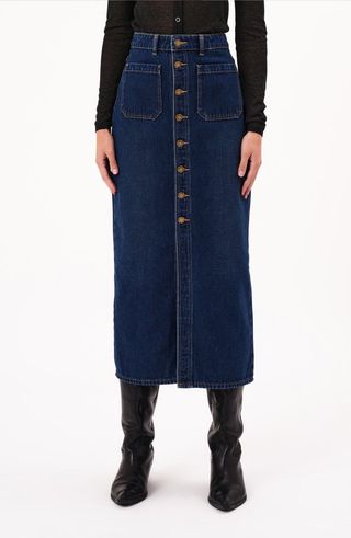 Sailor Button Front Denim Midi Skirt