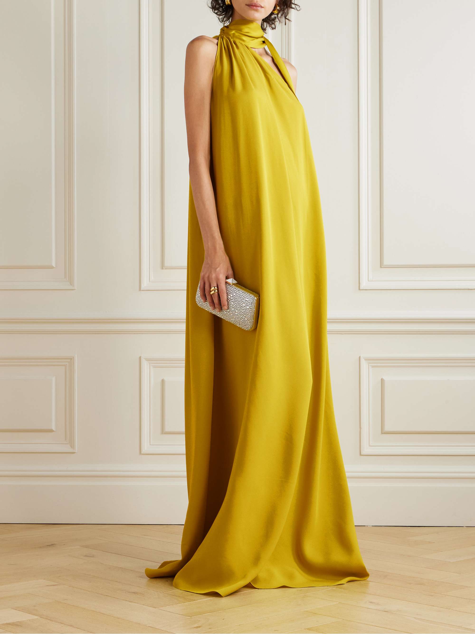 One-Shoulder Scarf-Detailed Gathered Crepe-Cady Gown