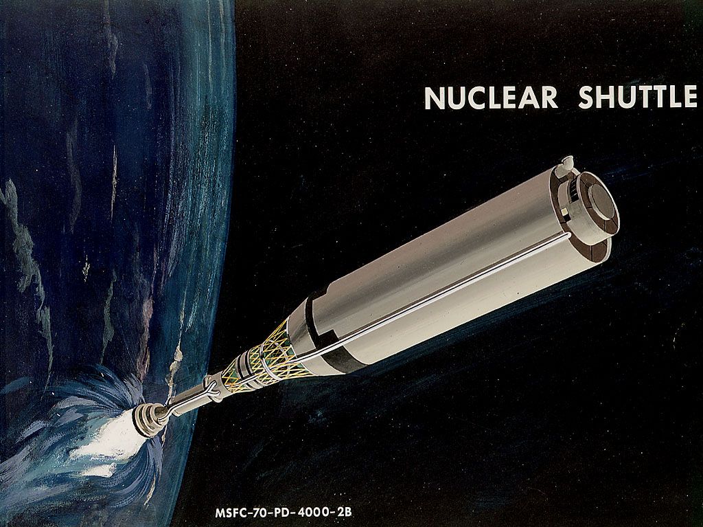 An artist&#039;s depiction of a proposed nuclear-powered spacecraft.