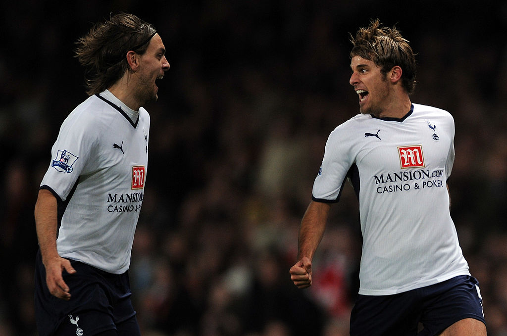 LONDON - OCTOBER 29: David Bentley of Tottenham Hotspur (R) celebrates with Jonathan Woodgate of Tottenham Hotspur after scoring during the Barclays Premier League match between Arsenal and Tottenham Hotspur at the Emirates Stadium on October 29, 2008 in London, England. (Photo by Shaun Botterill/Getty Images)