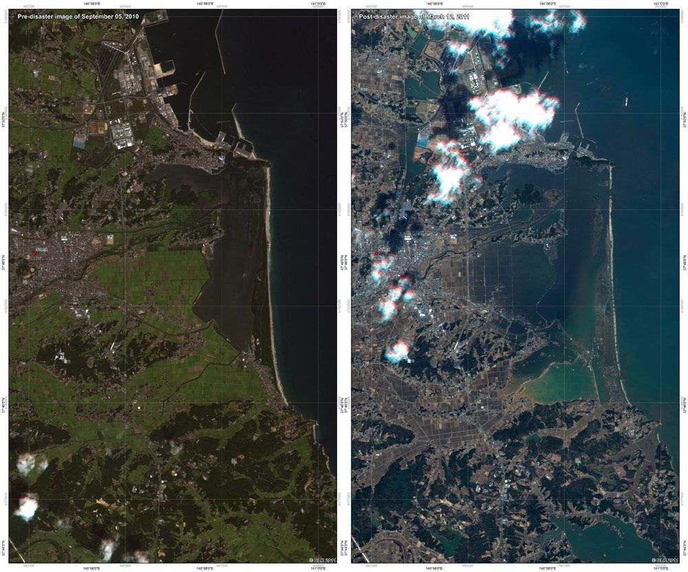 This map shows a comparison of RapidEye pre-disaster data acquired on Sept. 5, 2010 and post-disaster data acquired on March 12, 2011. 