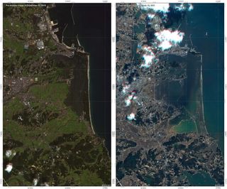 This map shows a comparison of RapidEye pre-disaster data acquired on Sept. 5, 2010 and post-disaster data acquired on March 12, 2011.