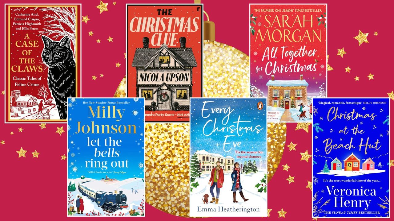 A selection of the best Christmas books of 2025, laid over a photo of a golden Christmas bauble