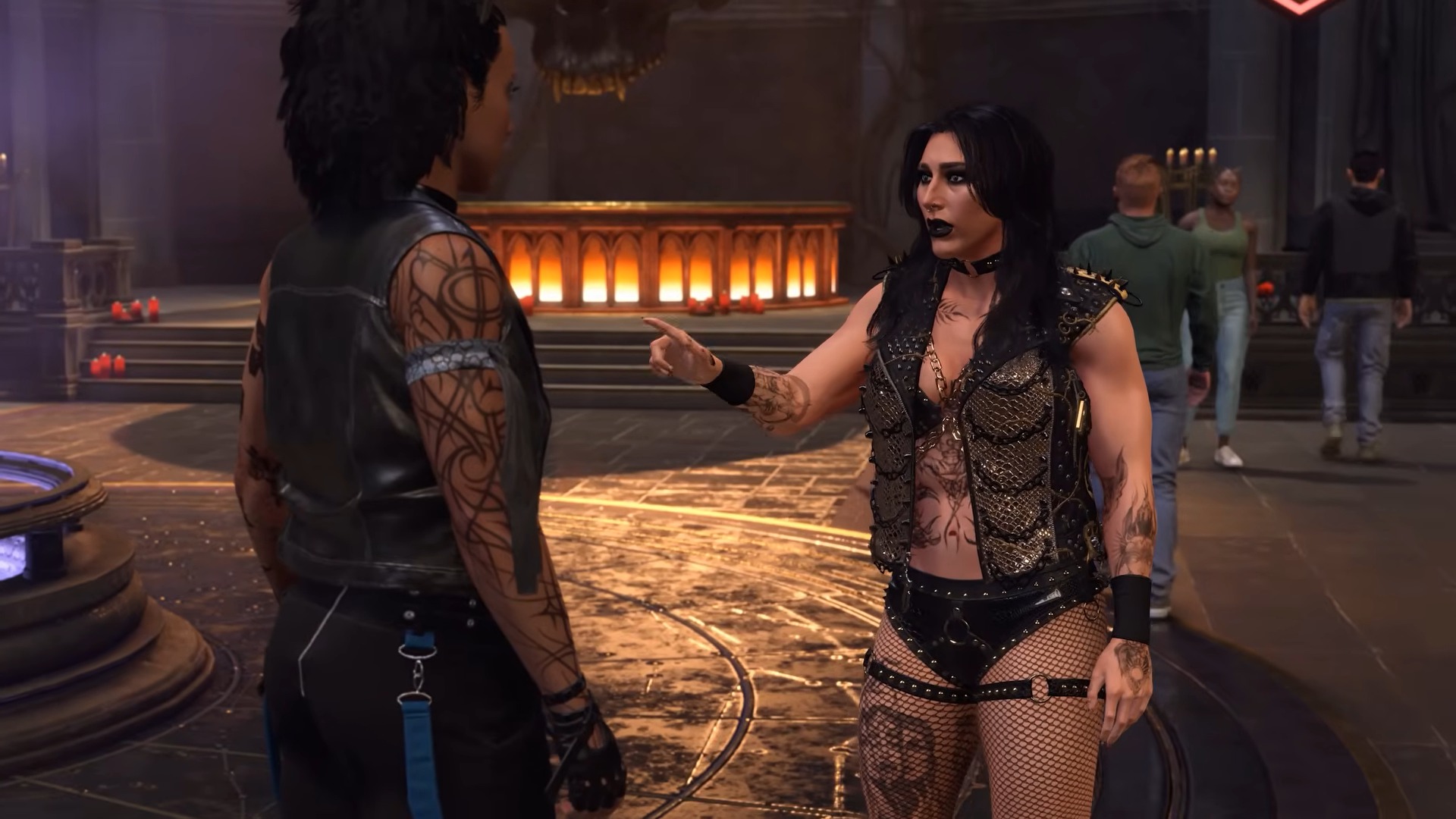 Trailer screenshot of Rhea Ripley talking with the player in WWE 2K26's The Island mode.