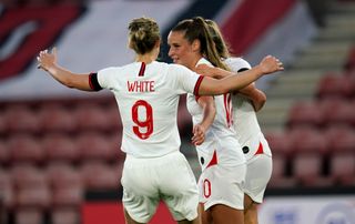 Toone (centre) has started both England games under new boss Sarina Wiegman.