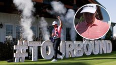 Main image of Karl Vilips in front of a #tourbound sign at the Korn Ferry Tour Championship and inset image of Vilips wearing one of Tiger Woods' Sun Day Red polos