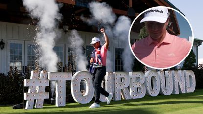 Main image of Karl Vilips in front of a #tourbound sign at the Korn Ferry Tour Championship and inset image of Vilips wearing one of Tiger Woods&#039; Sun Day Red polos