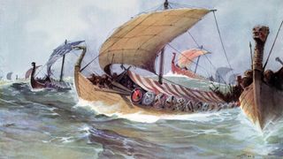Painting of a fleet of Viking ships crossing the sea by Albert Sebille c1930.