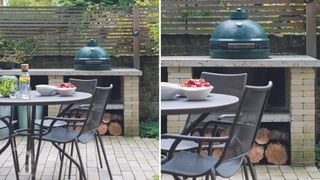 outdoor kitchen idea with brick base built around a green egg BBQ