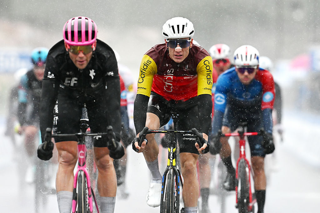 SAINT-VICTORET, FRANCE - FEBRUARY 13: Riders from EF Education-Easypost and Team Cofidis cross the finish line during the 10th Tour de la Provence 2026, Stage 1 a 163km stage from Marseille to Saint-Victoret on February 13, 2026 in Saint-Victoret, France. (Photo by Billy Ceusters/Getty Images)