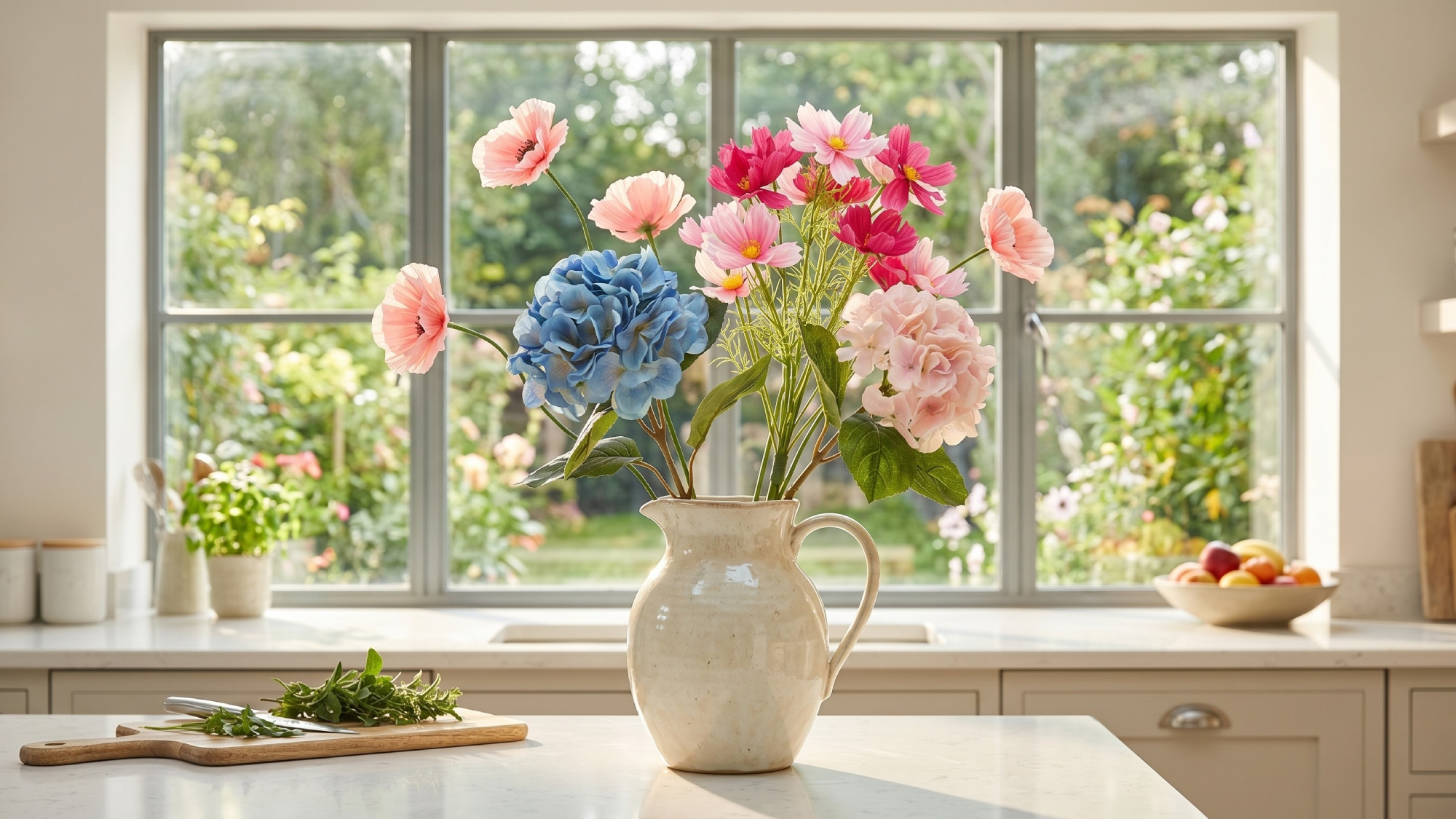 Jug of artificial hydrangea, poppy and cosmos flowers from Ikea arranged in a jug in a kitchen