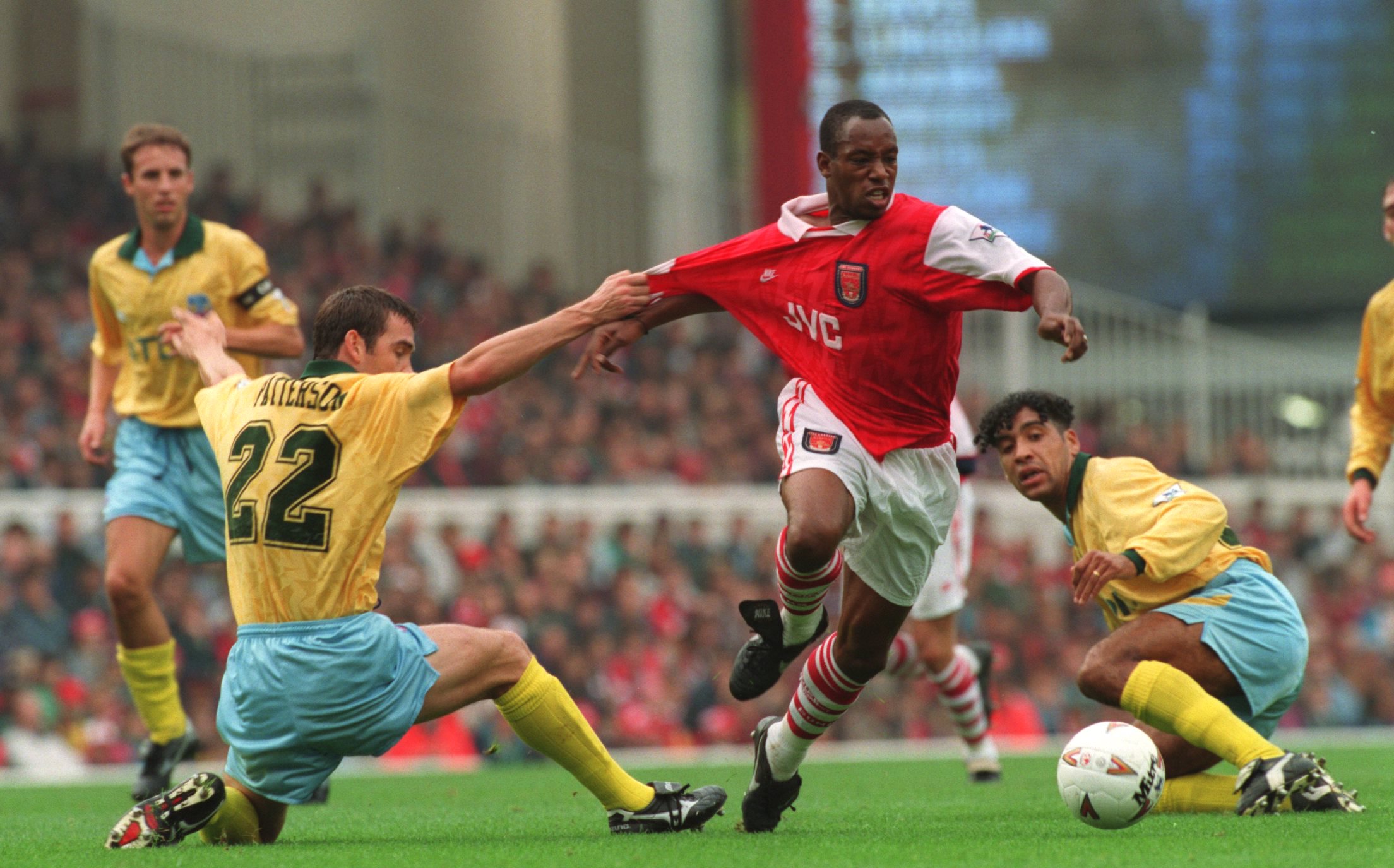 Ian Wright in action for Arsenal against former club Crystal Palace in October 1994.