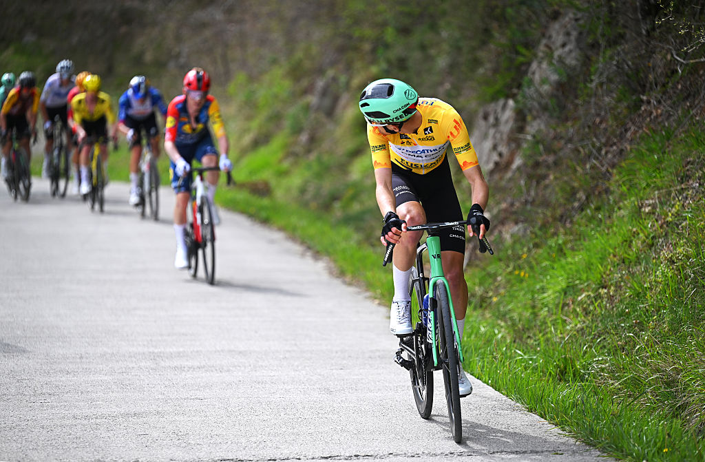 CUEVAS DE MENDUKILO, SPAIN - APRIL 07: Paul Seixas of France and Team Decathlon CMA CGM - Yellow Leader Jersey attacks in the breakaway during the 65th Itzulia Basque Country 2026, Stage 2 a 164.1km stage from Pamplona-Iruna to Cuevas de Mendukilo 757m / #UCIWT / on April 07, 2026 in Cuevas de Mendukilo, Spain. (Photo by Tim de Waele/Getty Images)
