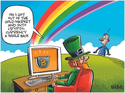 Editorial Cartoon U.S. bitcoin crypto leprechaun