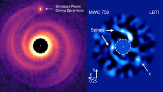 Two images showing how a giant exoplanet is carving spiral arms round its parent star.