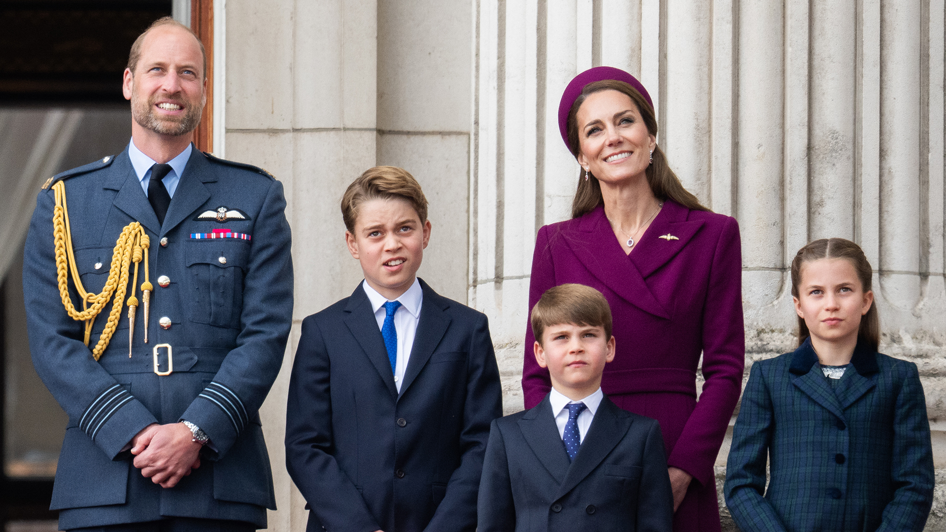 LONDON, ENGLAND - MAY 05: Prince William, Prince of Wales, Prince George, Catherine, Princess of Wales, Prince Louis and Princess Charlotte watch the flypast to mark the 80th anniversary of VE Day on May 05, 2025 in London, England. The King and Queen, joined by Members of the Royal Family, will take part in events from May 5th to May 8th to commemorate the 80th anniversary of VE Day, which signalled the end of the Second World War in Europe. (Photo by Samir Hussein/WireImage)