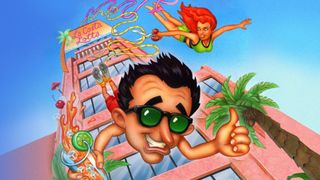 Leisure Suit Larry base jumping off a building wearing sunglasses giving thumbs up woman is skydiving behind him