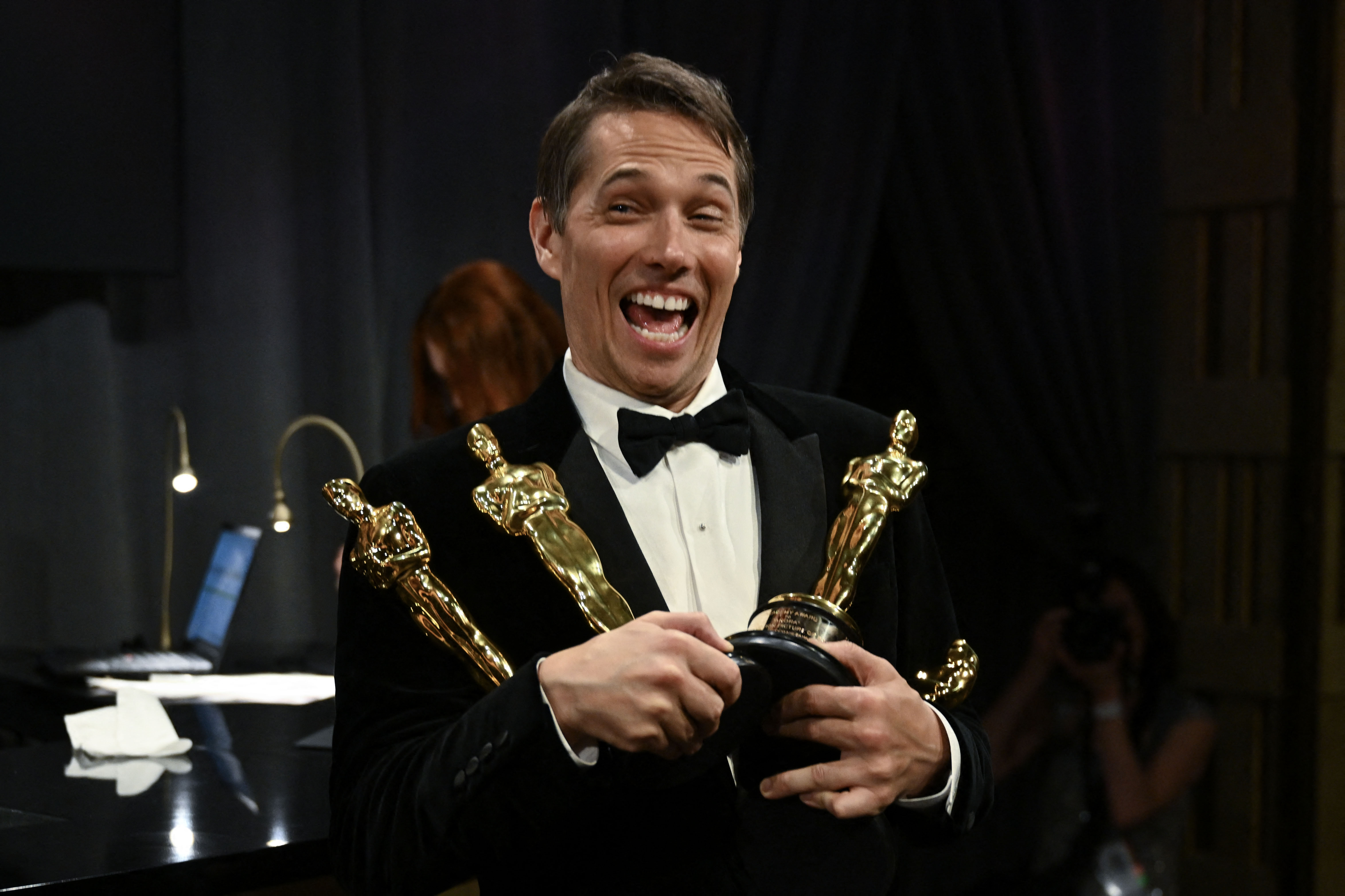 US producer Sean Baker holds Oscars for Best Film Editing, Best Original Screenplay, Best Director and Best Picture for "Anora" during the 97th Annual Academy Awards Governors Ball at the Dolby Theatre in Hollywood, California on March 2, 2025. 