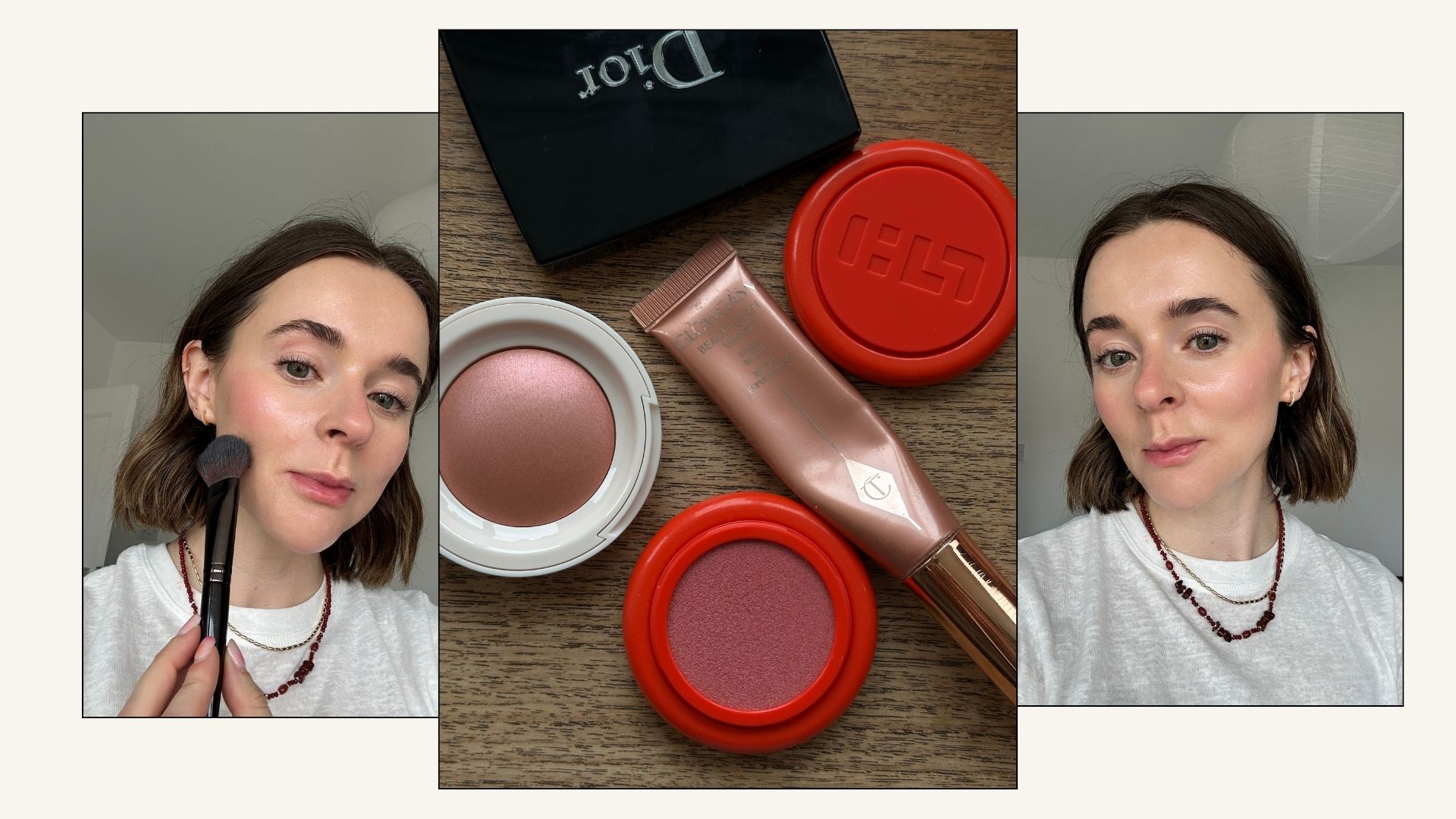 A collage of beauty contributor Grace Day testing best shimmer blushers