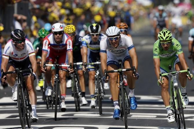 Marcel Kittel (Argos-Shimano) out sprints Mark Cavendish (Omega Pharma Quick Step) in stage 12 of the Tour de France