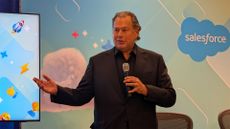 Salesforce CEO Marc Benioff pictured during a media Q&A session at the Dreamforce 2025 conference in San Francisco, USA.