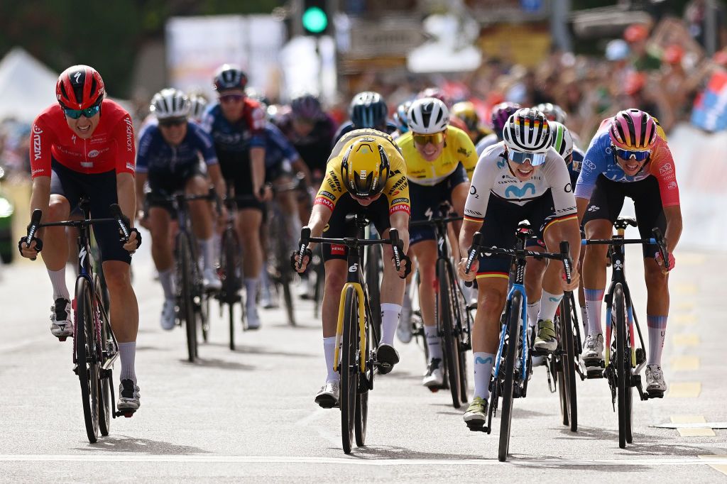 NYON SWITZERLAND SEPTEMBER 17 LR Marlen Reusser of Switzerland and Team SD Worx Fem Van Empel of The Netherlands and Team JumboVisma tage winner Liane Lippert of Germany and Movistar Team and Silvia Persico of Italy and UAE Team ADQ sprint at finish line during the 2nd Tour de Romandie Feminin 2023 Stage 3 a 1108km stage from Vernier to Nyon UCIWWT on September 17 2023 in Nyon Switzerland Photo by Dario BelingheriGetty Images