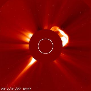 NASA's SOHO satellite took this photo of an X-2 class solar flare that raged on the sun today (Jan. 27).