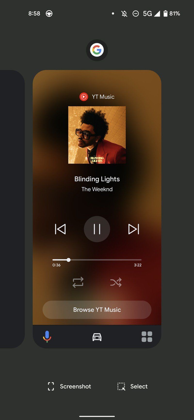 Google Assistant Driving Mode Recents Window