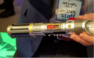 A close look at a Star Wars lightsaber from Hasbro's Star Wars Lightsaber Academy.