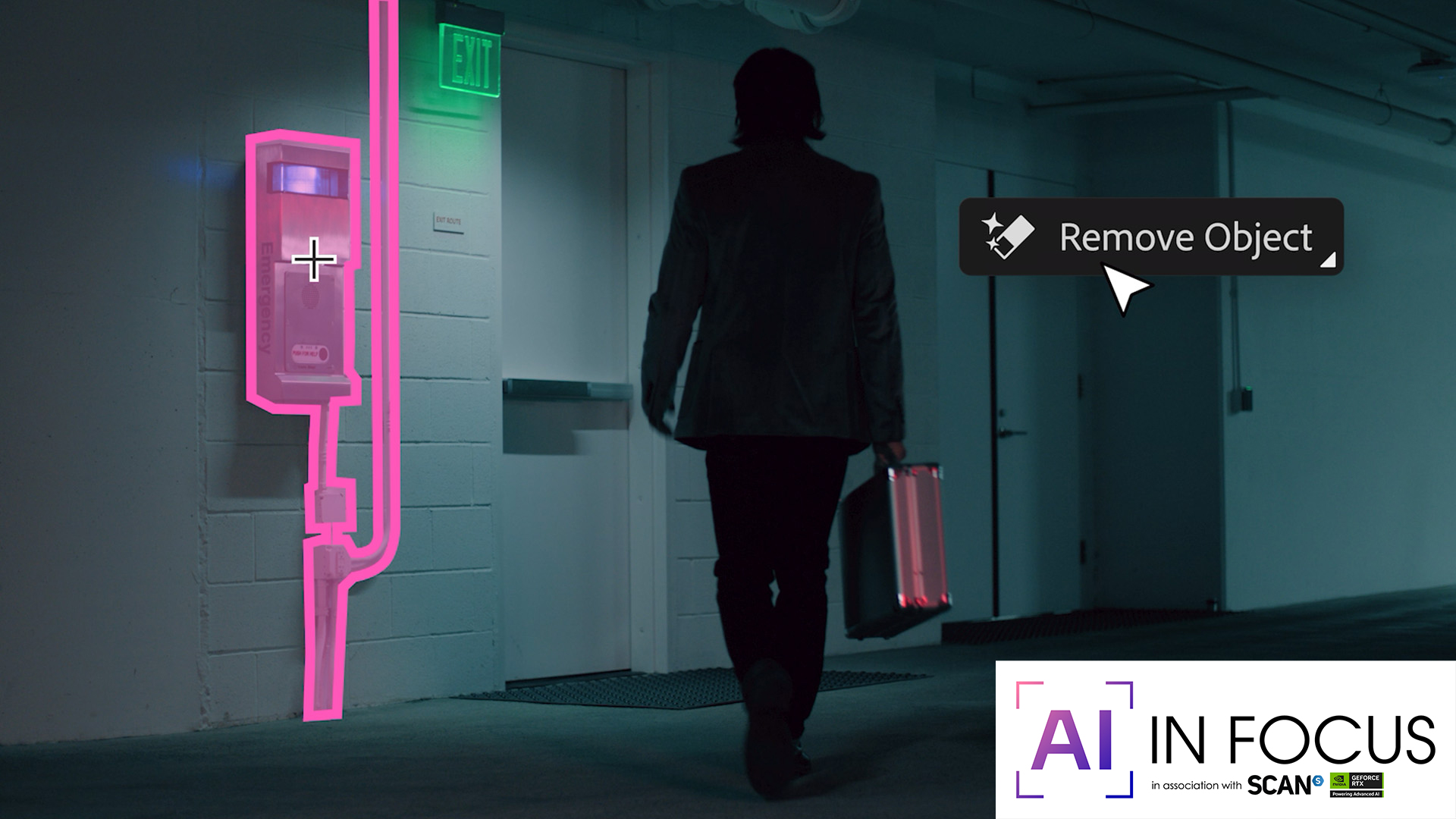 person with a briefcase next to a pink highlighted phone box