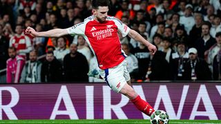 Declan Rice central midfield of Arsenal and England in action during the UEFA Champions League 2024/25 Quarter Final First Leg match in April 2025