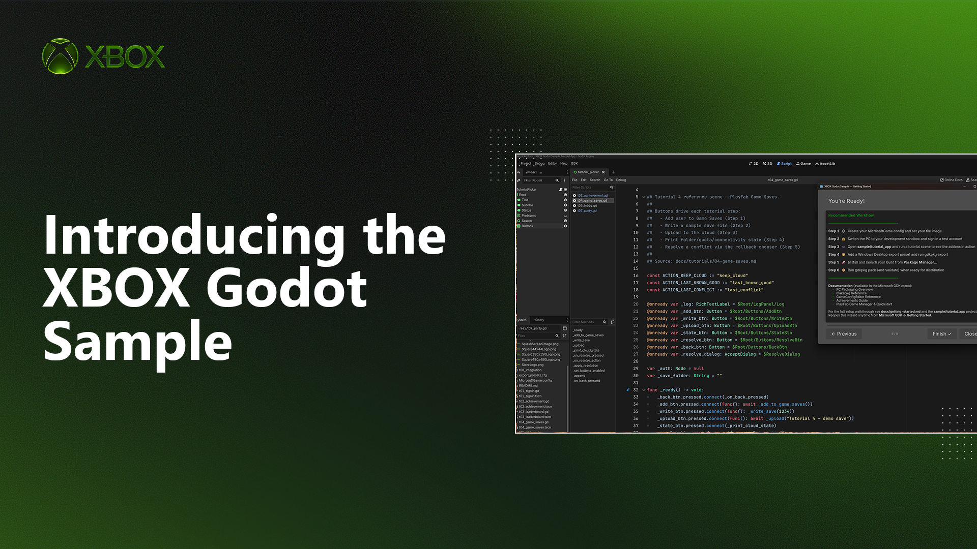 Xbox promotional graphic introducing the Xbox Godot Sample, showcasing the Godot development environment and Xbox tools designed to help developers build games for Xbox on PC.