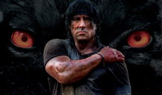 Rambo V: The Savage Hunt Rambo stands in front of a creature's eyes looming in the background