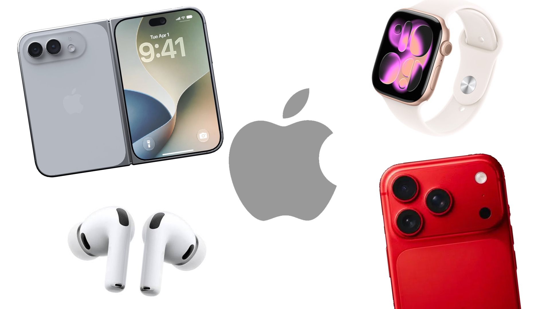 Apple logo surrounded by rumoured Apple products