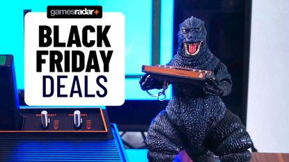 Black Friday deals GamesRadar+ badge on left and Godzilla holding a tiny Atari 2600+ on right.