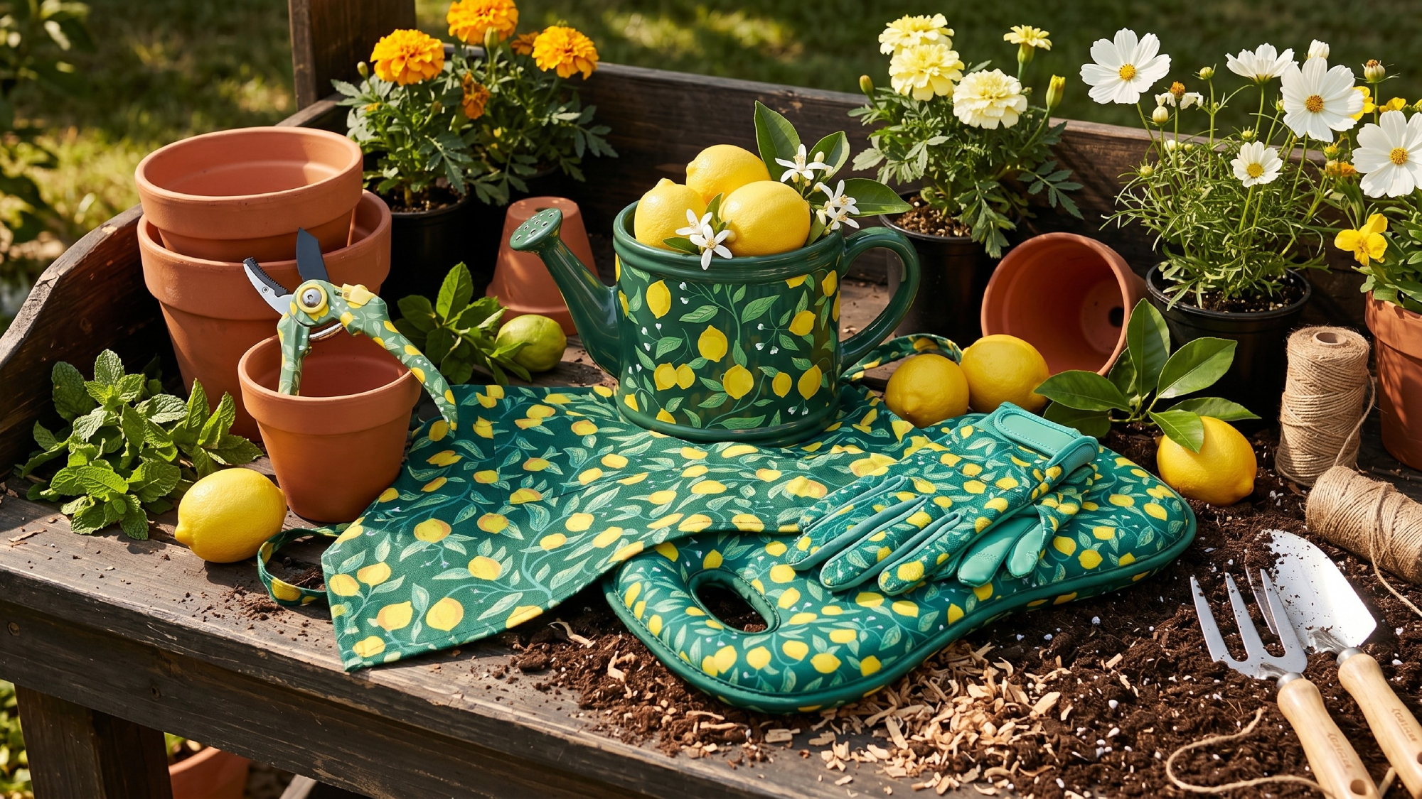 lemon-print gardening accessories including kneeler and watering can from Aldi's new garden range