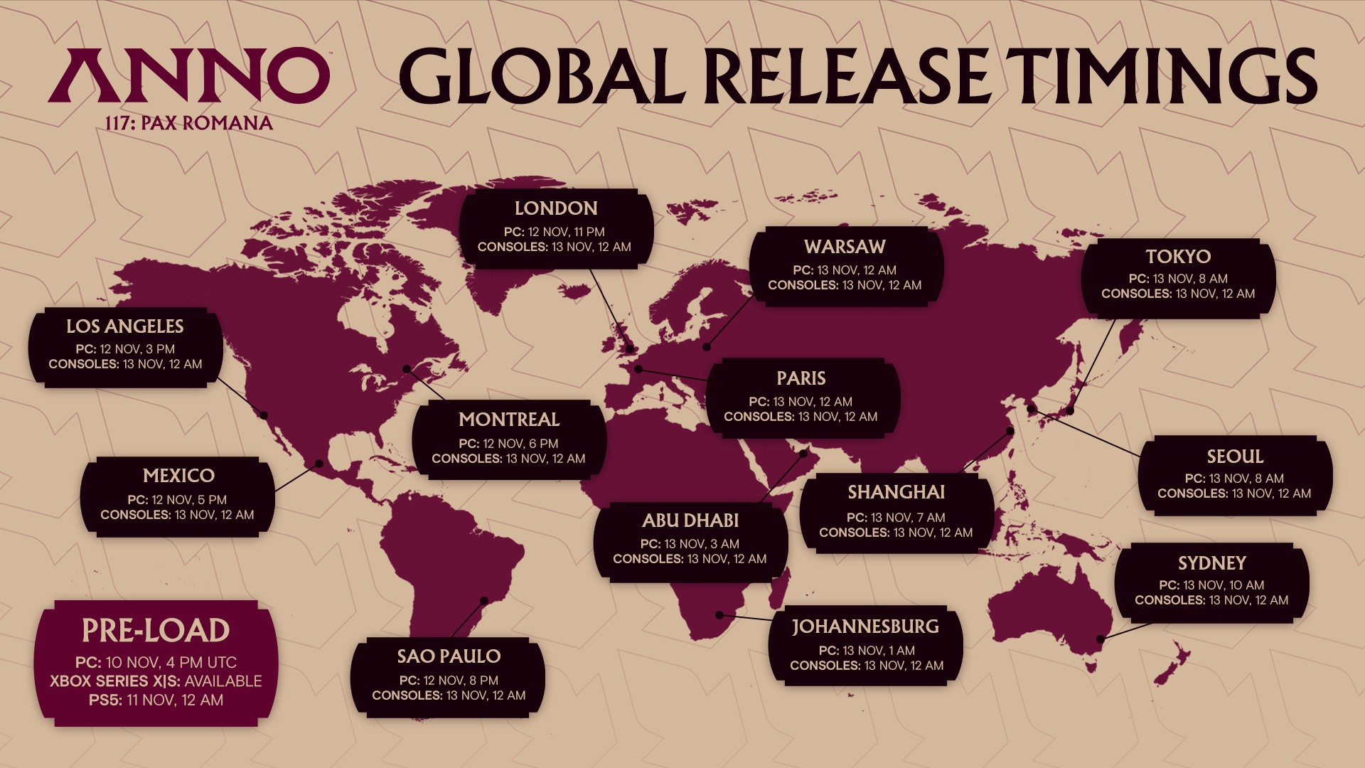 Anno 117: Pax Romana launch times global map showing the PC global launch for 3pm Pacific November 12, 2025.