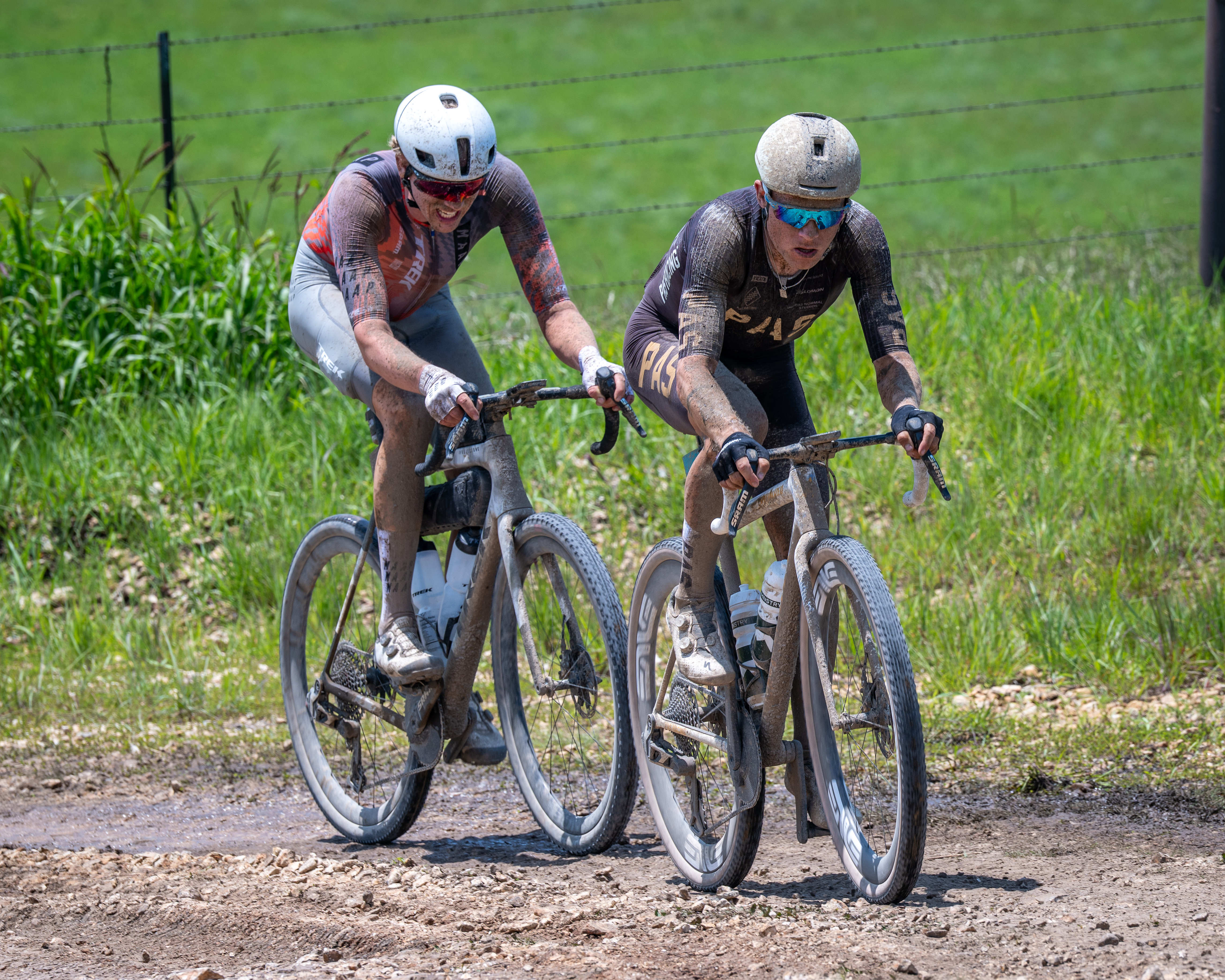 Torbjørn Røed (Trek Driftless), on left, and Mads Würtz-Schmidt (PAS Racing) rode together with fresh hydration from checkpoint #2